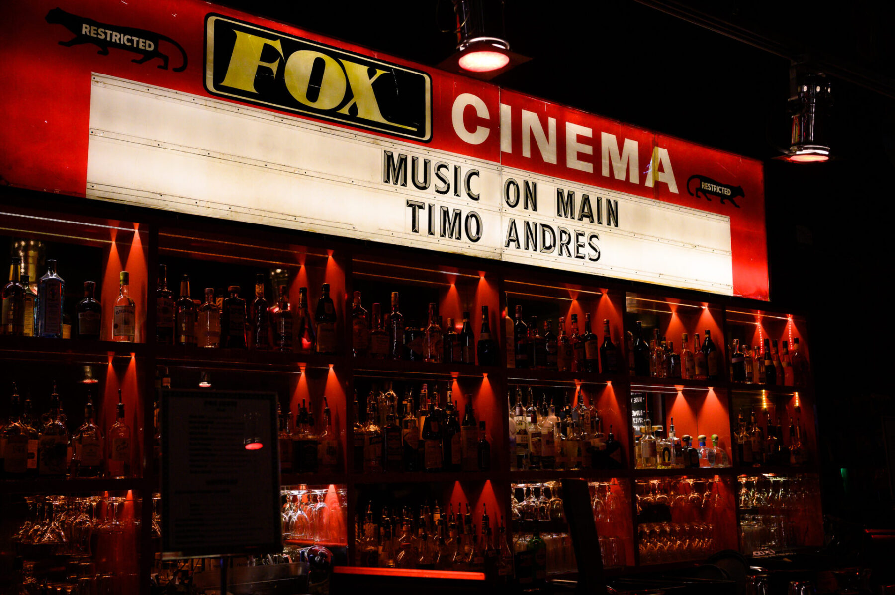 Fox Cinema sign above the board that says Music on Main - Timo Andres.